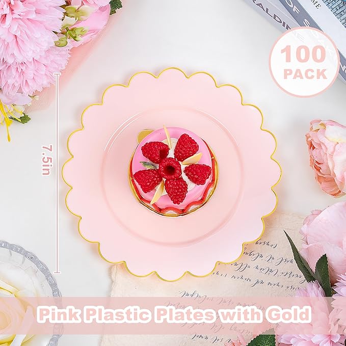 LIYH 100 Pcs 7.5" Pink Plastic Plates with Gold Disposable Pink Dessert Plates Gold Plastic Plate,Baby Shower Plate Set Suitable for Weddings Bridal Showers Afternoon Tea Valentine's Day Mother's Day