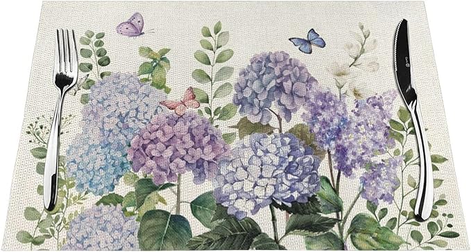 Spring Placemats 12x18 Inches Set of 4,Blue Violet Hydrangea Floral Decorative Rectangle Summer Seasonal Flower Decoration Table Mats for Party, Home Kitchen,Dining Table Decor