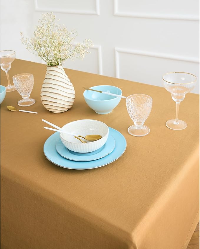 Solino Home Linen Tablecloth for Rectangle Tables 60 x 108 Inch - 100% Pure Linen Caramel Table Cloth - Fete, Machine Washable Cloth Tablecloth for Spring, Easter