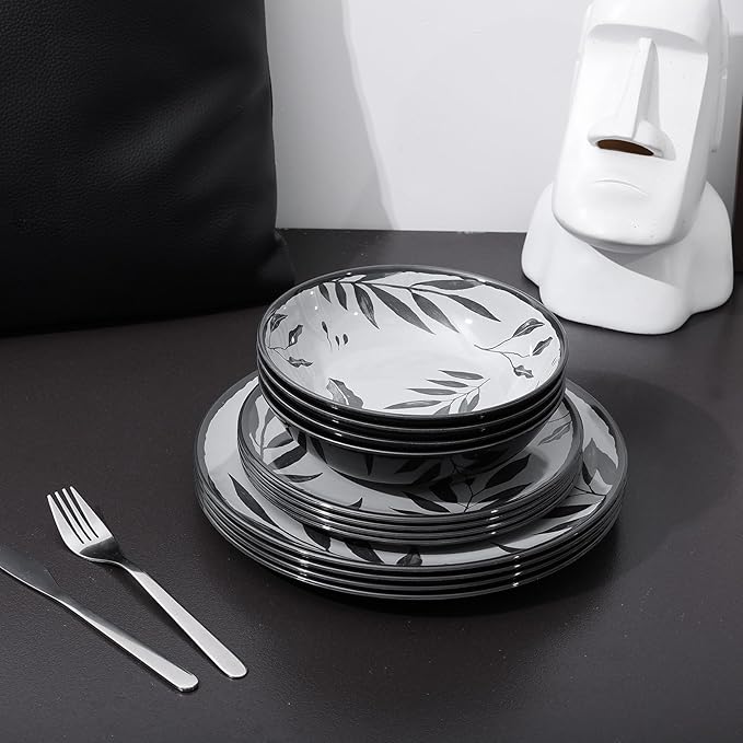 12pcs Melamine Dinnerware Set - Service for 4 Melamine Plates and Bowls Set, Unbreakable Dinner Salad Dessert Plate, Cereal Bowl Set for Indoor/Outdoor, Gray Leaf