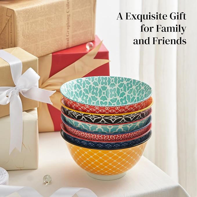 DOWAN Soup Bowls Set of 6, Cereal Bowls for Kitchen, 23 OZ Large Ceramic Bowl, Colorful Vibrant Patterned Porcelain Bowls for Kitchen Decor and Housewarming Gift, Dishwasher and Microwave Safe