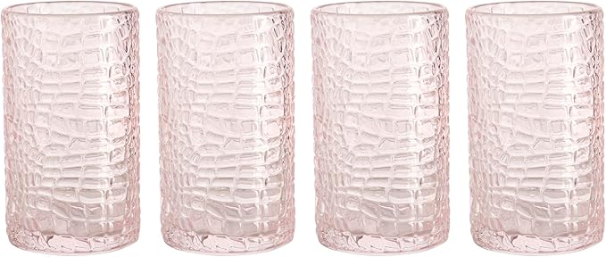 Glaver's Highball Glasses Set of 4 Pink Drinking Glasses, 15 Ounce Crackle Textured Newly Designed Patent Design Glassware Elegant Heavy Duty Drinkware Set, Home Bar Kitchen Water Juice Cocktails