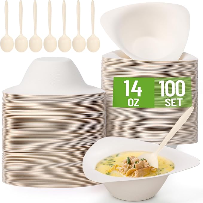100 Pack Triangle Paper Bowls with Spoon 14oz Disposable Paper Soup Bowls Dessert Fancy Ice Cream Cups for Hot Food, Soup, Salad, Meals