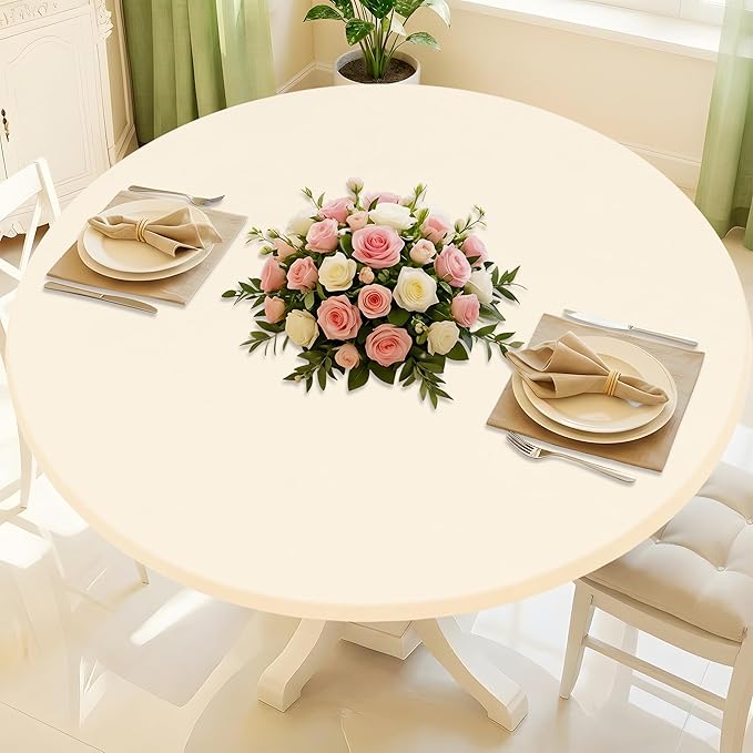 Round Spandex Tablecloth, Elastic Fitted Waterproof Tablecloths for 45"-56" Tables, Stretch Washable Picnic Table Cover for Camping, Dining, Indoor and Outdoor, Beige
