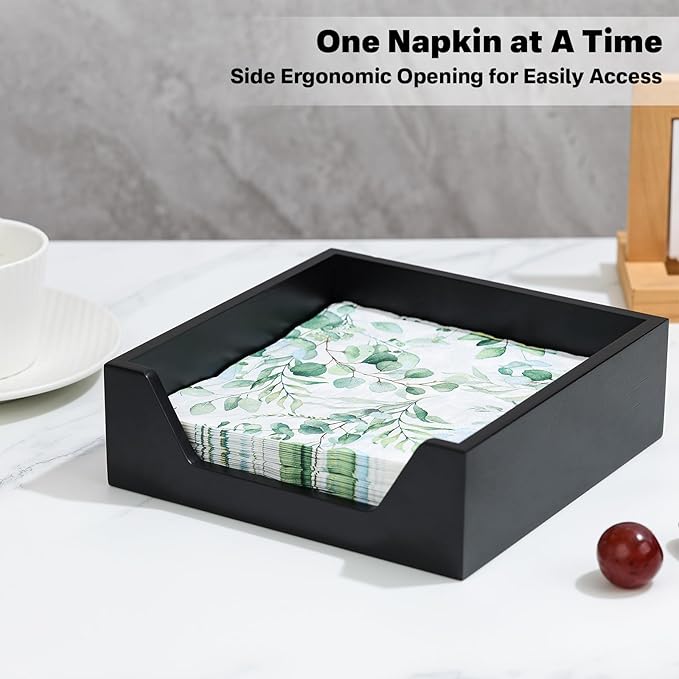 Napkin Holder for Table, 7.36" x 7.36" x 2.16" Wooden Napkin Dispenser with Side Large Opening for Paper Napkins, Modern Style Square Napkin Holder, Home Kitchen Dining Tabletop Decor, Black