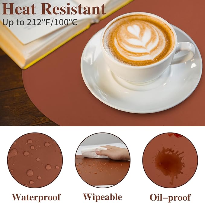 Faux Leather Fall Placemats Set of 6 Wipeable Washable Place Mats for Round Table Table Mats for Kitchen Dining Patio, Heat Resistant Easy to Clean Oval Brown Placemat