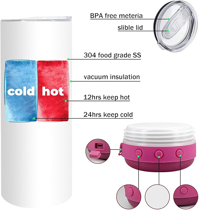 20oz Sublimation Tumbler Blank Bluetooth Tumbler with Straw and Lid, Double-Wall Stainless Steel Vacuum Insulation cups, RemovableRechargeable Bluetooth Wireless Speaker