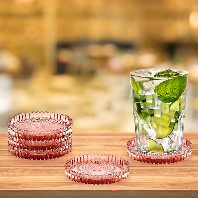 JUXYES 5 Pack Amber Tone Crystal Coasters Round Cup Mat, Glass Coasters for Drinks Coffee Tea Wine, Decorative Wine Bottle Coaster, Crystal Drink Coaster for Restaurant bar Kitchen Dining Table