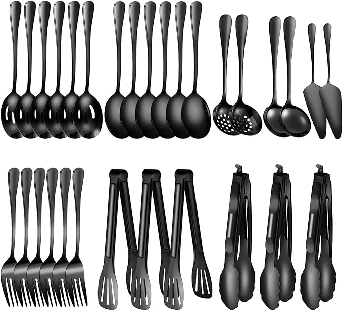 30Pcs Serving Utensils Set Serving Spoons, Buffet Tongs, Cake Spatula, Forks, Perforated Ladles, Soup Scoops, Skimmers and Black Heavy-Duty Serving Tongs (Black)