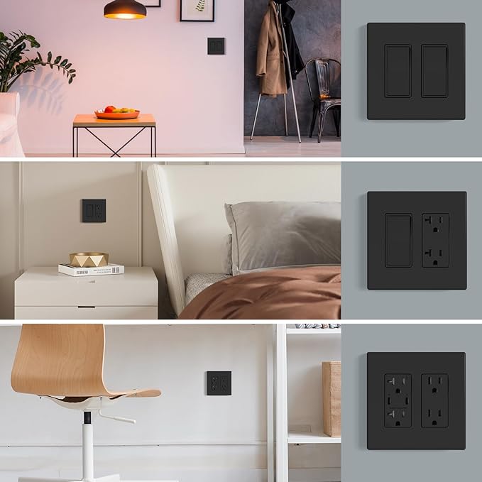 AIDA 2-Gang Decorative Wall Plates, 4.88" H x 4.94" L - Unbreakable Thermoplastic Faceplate Cover for Outlets and Switches, UL Listed - (10 Pack, Matte Black)