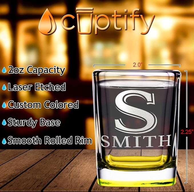 Personalized Glasses Set of 2 Initial and Name 2oz Yellow Bottom Etched Square Shot Glass Engraved with Custom Text Birthday Gift for Men and Women