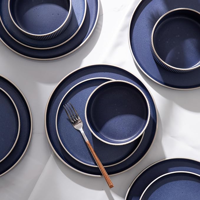 Dinnerware Set Service for 8, 24-Piece Ceramic Plates and Bowls Set, Chip & Scratch Resistant, Microwave and Dishwasher Safe, Modern Minimalist Tableware for Everyday Use, Matte Blue