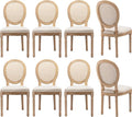 Vintage French Rattan Dining Chairs Set of 8, Solid Wood Frame with Round Rattan Back and Linen Upholstered Seat, Farmhouse Accent Sillas de Comedor Side Chairs for Dining Room & Kitchen, Beige