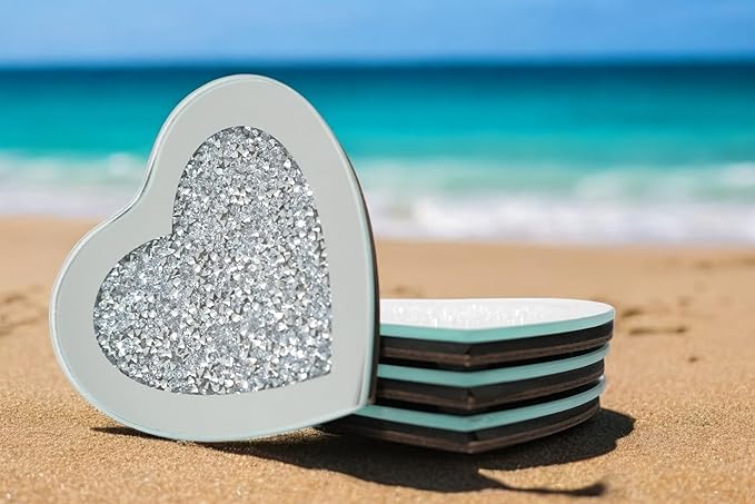 Crushed Diamond Crystal Glass Mirrored Heart Love Coasters Set of 4 Glittering Bling Silver TRENDZY ® Drink Wine Coasters for Home Kitchen Bar & Restaurant Home Decor Birthday Wedding (Heart)