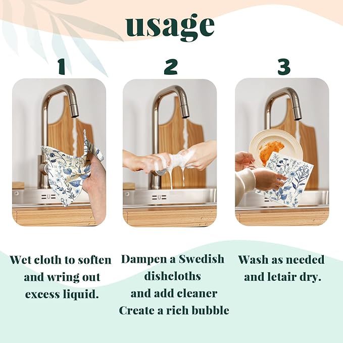 Spring Flower Swedish Dishcloths for Kitchen, Blue Swedish Dish Cleaning Cloths for Floral, Papaya Reusable Paper Towels, 4 Pack Dish Towels for Kitchen, Reusable Paper Dishcloths Washable
