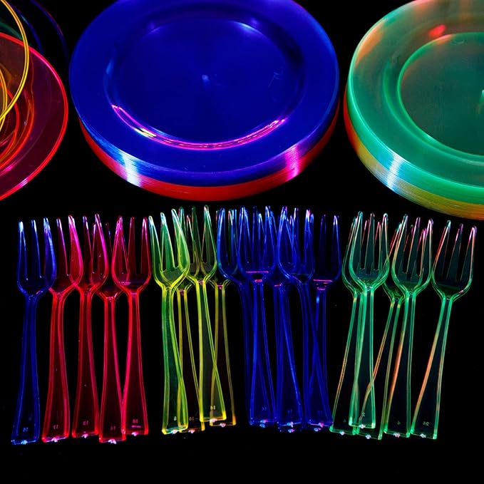 supernal 200pcs Appetizers Plates includ 100pcs Plastic Forks 100pcs Neon Party Plates Colorful Rainbow Disposable Party Plate and Dispsoable Forks Set for Party Catering Birthday