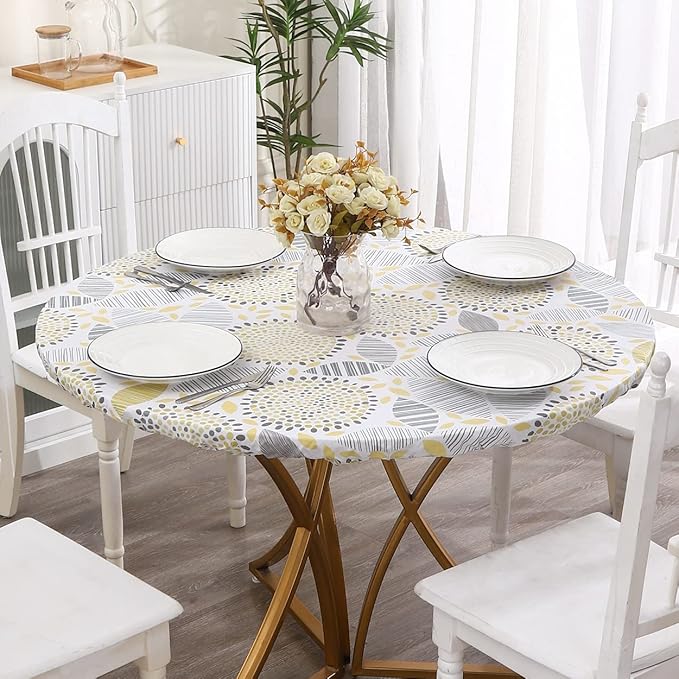 Walrus Round Vinyl Fitted Tablecloth with Flannel Backing Elastic Edge Design Table Cover Waterproof Oil-Proof PVC Table Cloth Stain-Resistant Best for 37"-44" Round