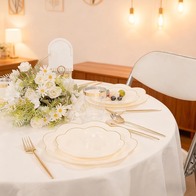 EI 180pcs Beige Plastic Plates with Gold Plastic Silverware,Heavy-Duty Disposable Plates for Party,Beige Dinnerware Set for 30 Guest Wedding,Afternoon Tea,Spring,Mother's Day,Valentine's Day,Easter