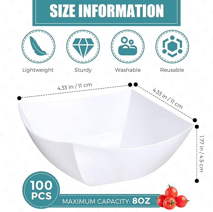 Sliner 100 Pcs Square Plastic Bowls 8 oz Plastic Serving Bowls Disposable Chip Containers for Parties Snack Fruit Candy Containers for Candy Buffet Salad Bar Buffet Party Supplies(White)