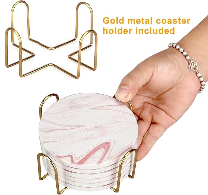 Cute Pink Marble Coasters Set of 6 Pack Stone Coffee Table Decor Absorbent Ceramic Cup Coaster with Holder Decorative Tea Bar Accessories Gift Kitchen Desk Coster Drink Modern Funny Aesthetic Coasters