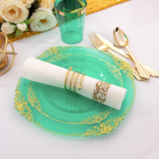 Hioasis 350pcs Green and Gold Plastic Plates - Green Party Plates for 50 Guest, Include 100 Heavy-duty Plates(20% Thicker Than Standard), 150 Cutlery Set, 50 Napkin, 50 Cups for St. Patrick's Day
