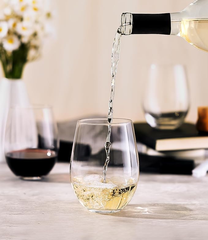 LUNA & MANTHA Stemless Wine Glasses Set of 6, 18oz Crystal Red White Wine Glasses for Daily Use, Hosting, Home Bar, Evening Party, Birthdays, Shower, Housewarming Gift, Clear