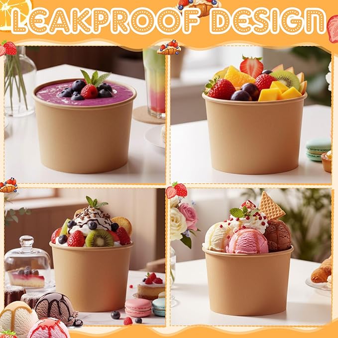 Honeydak 50 Pieces Ice Cream Soup Cups Paper Disposable Sundae Bowls Kraft Paper Hot Cold Snack Yogurt Dessert Small Cups for Ice Cream Baby Shower Party Supplies, Brown Disposable Bowls(8 Oz)