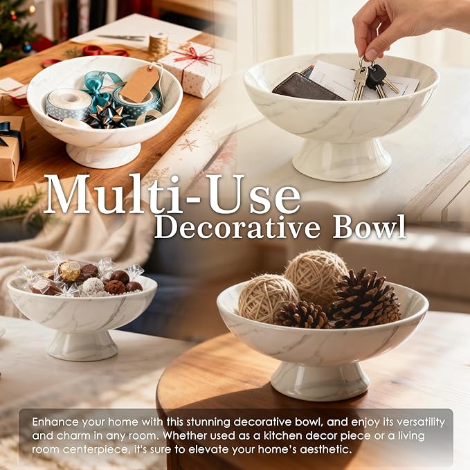 Accessoryway White Marble Texture Pedestal Decorative Bowl - Minimalist Decorative Fruit Bowl for Kitchen Counter, Entryway,Multi-Purpose Centerpiece bowl for Bread, Snacks, Candy-8"
