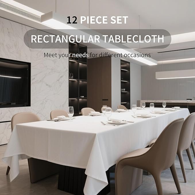 BIGTONE 12 Pack White Rectangle Tablecloth 60 x 102 Inch, Cross Ribbon Packing Reusable Table Clothes for 6 Foot Tables, Wrinkle Resistant Polyester Fabric Table Cover for Wedding, Party, Banquet