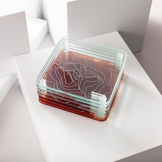 Mammoth Mountain 3D Contour Map Glass Drink Coasters of Mountains, Ski Resort, Set of 6 with Holder, Housewarming Birthday Gifts, Home Decor