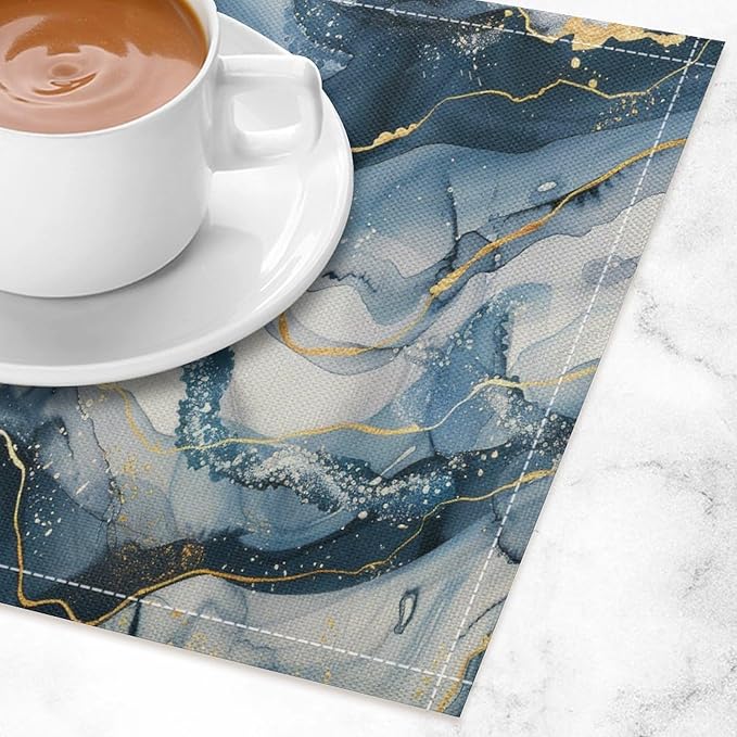 Marble Linen Placemats Set of 2, Modern Abstract Foil Stone Texture Gold Navy Blue Marble Washable Place Mats, Non Slip Placemat for Home Party Dining Tables Wedding Kitchen Banquets Decor 12x17 Inch