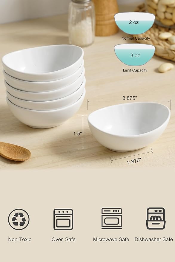 Dipping Bowls, 3 OZ Small Serving Bowls for Side Dishes,Set of 6 Mini Appetizer Plates for Condiment Sushi Ketchup, Porcelain, Tomato Sauce, Soy Sauce Dish Ceramic (4 Inch(3 Ounce))