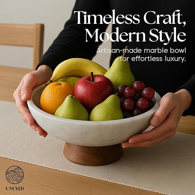 UMAID White Marble Decorative Bowl with Wood Pedestal, 10" Handcrafted Natural Stone Centerpiece with Unique Veining, Luxury Kitchen Fruit Bowl & Entryway Catch-All, for Potpourri & Coffee Table Decor