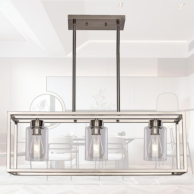 XILICON Dining Room Lighting Fixtures Hanging Farmhouse Brushed Nickel 3 Light Modern Pendant Lighting Contemporary Chandeliers with Glass Shade for Living Dining Room Bedroom Kitchen Island