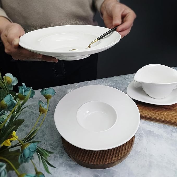 Pasta Plates with Rim 17.1 oz, Soup Bowl Pasta Bowl Set of 4, White Shallow Bowl Plate, Ceramic Wide Rimmed Soup Bowl, Best choice for high-end restaurants, hotels, and foodies, 11.3 Inch