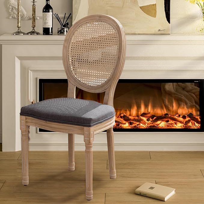 SoarFlash French Dining Chairs Set of 6, Vantage Dining Chair with Round Back, Farmhouse Country Rattan Dining Chair for Kitchen,Bedroom,Deep Grey