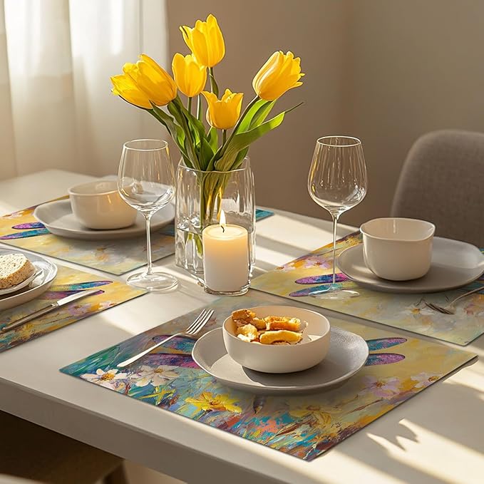 Dragonfly Placemats Set of 6, Dragonfly Flower Table Mats, Floral Washable Place Mats for Coffee Bar Home Party Indoor Kitchen Dining Table Decoration 12x18 Inch