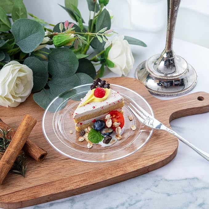DaYammi 240Pcs Silver Dessert Plates Set Includes 120 Disposable Cake Plates 6.5" 120 Plastic Forks 5.7", Clear Silver Plastic plates, Fancy Appetizer plates for Party and Wedding Birthday