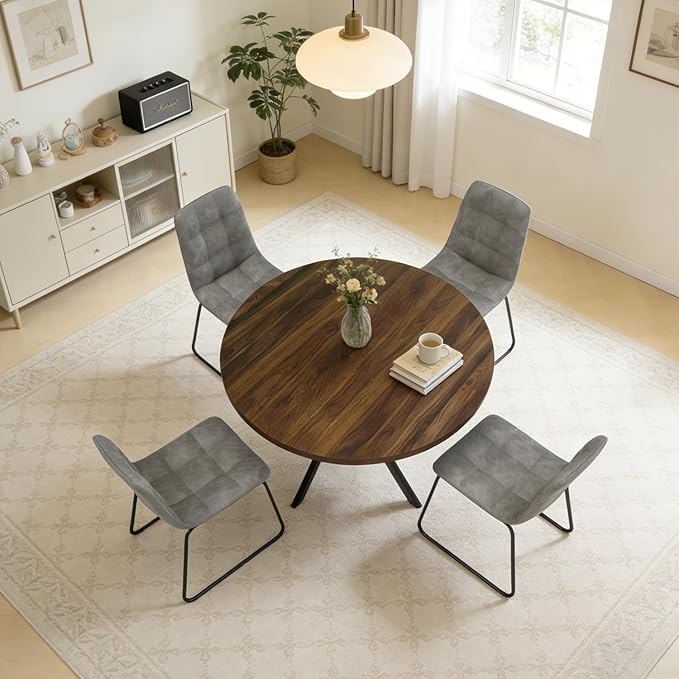 44" Round Dining Table with Cozy Chair Set for 4, Modern Mid-Century Dining Table Set of 4, Dinette Sets with Metal Leg for Kitchen Dining Room Apartment(Walnut Table + Gray Chairs)
