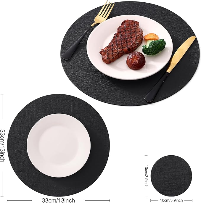 Homaxy Round Faux Leather Placemats and Coasters, Washable Dual-Side Table Mats, Wipeable Heat-Resistant Dining Place Mats for Outdoor and Indoor, Set of 6, Diameter 13 and 3.93 inch, Black