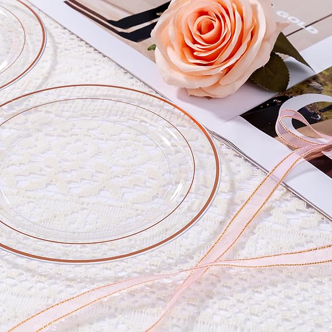 bUCLA 100PCS Clear Rose Gold Plastic Plates Disposable - Heavy Duty 6.25 Inch Clear Plastic Dessert Plates with Rose Gold Trim - Ideal for Party, Wedding & Valentines Day