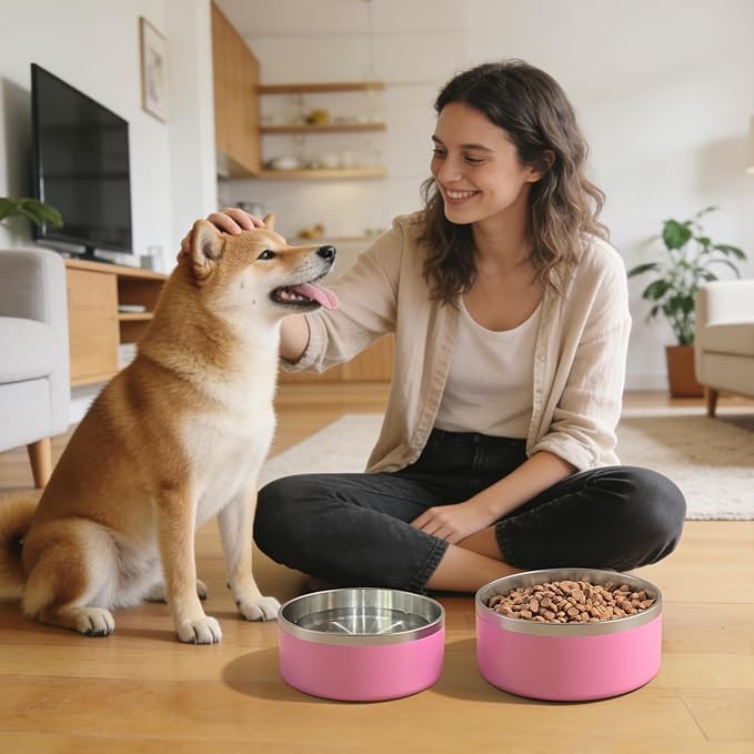 IKITCHEN Dog Bowl for Food and Water, 64 Oz Stainless Steel Pet Feeding Bowl, Durable Non-Skid Double Wall Insulated Heavy Duty with Rubber Bottom for Medium Large Dogs (64 Ounces/8 Cup, Pink)