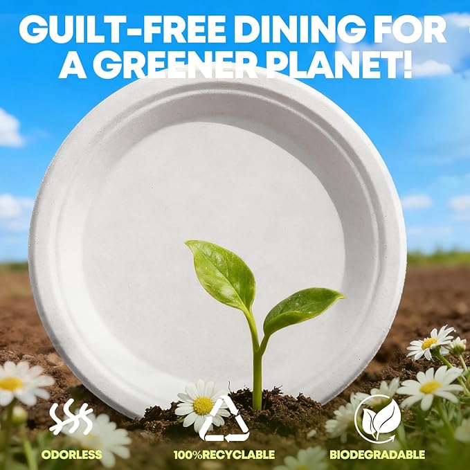 W&Y 100 Pack 9 Inch Paper Plates, Heavy-Duty Dinner Plates, Cut Resistant & 100% Compostable Disposable Paper Plate,Leak Proof & Microwave Safe for Parties, Weddings, Catering Events