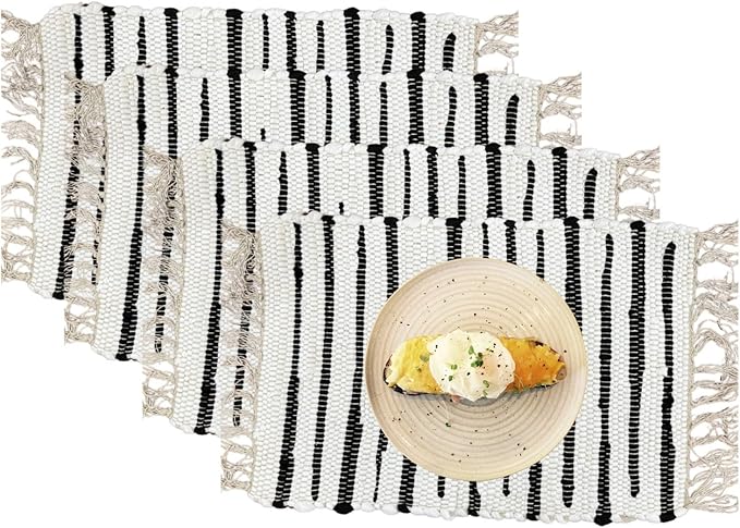 Perilla Home Placemat Set of 4 - Cotton Linen Blend Square Placemats - Farmhouse Rustic Woven Bohemian Machine Washable Table Mats with Tassels for Dining Table Decor (Black & White)
