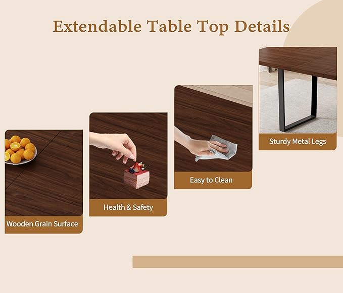 ZckyCine 67" Expandable Walnut Dining Table and 6 Upholstered Chairs, 7-Piece Modern Dining Set