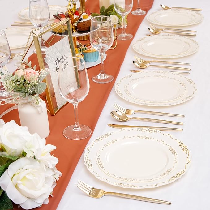 U-QE 100 PCS Ivory Plastic Plates with Gold Rim - Gold Plastic Plates for Party - Heavy Duty Plastic Plates Disposable Use Including 50 Dinner Plates 10 '' & 50 Dessert Plates 7.5 ''