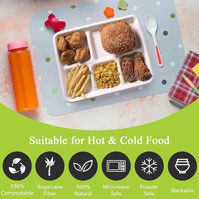 three leaf 5 COMPARTMENT BAGASSE (SCHOOL) TRAY 500 Ct. Heavy-Duty- Super Strong- Natural- Eco-Friendly Disposable Bagasse Plates, 100% Biodegradable 5 Compartment meal Plates