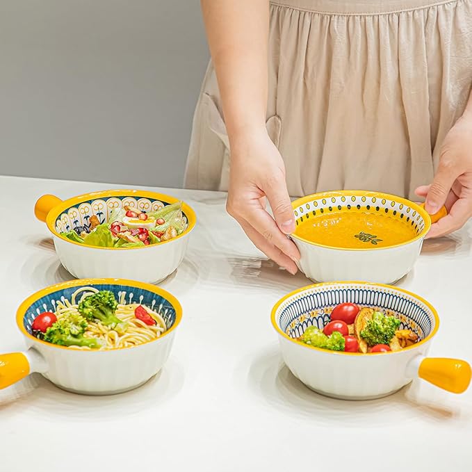 Yeacccng Soup Bowls with Handles, 23 Oz French Onion Soup Bowls Set of 4, Ceramic Soup Bowl for Kitchen, Oven/Microwave Bowls, 6 Inch Ceramic Soup Crocks, Cute Bowls, Scratch-Resistant, Lead-Free