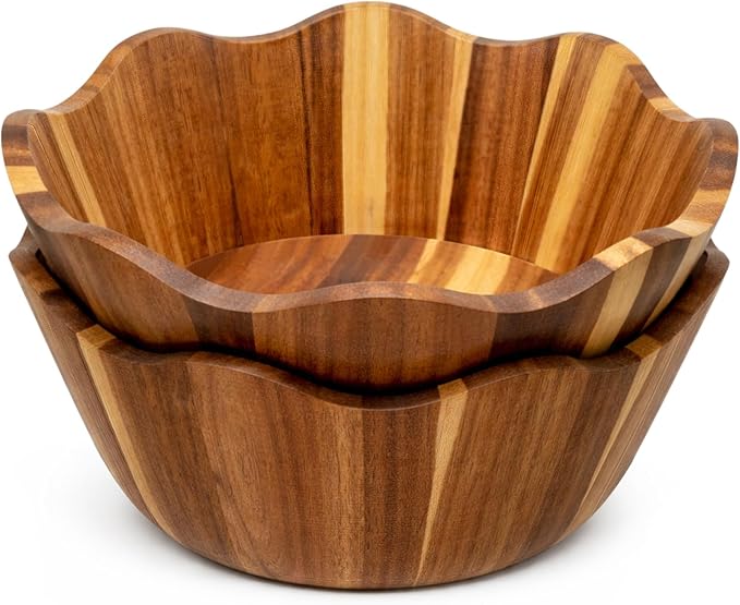2 Pcs Scalloped Decorative Wooden Bowl 12 Inch Acacia Wood Fruit & Salad Serving Bowl Handcrafted Farmhouse Kitchen Serveware for Fruit, Pasta, Snacks and Home Decor