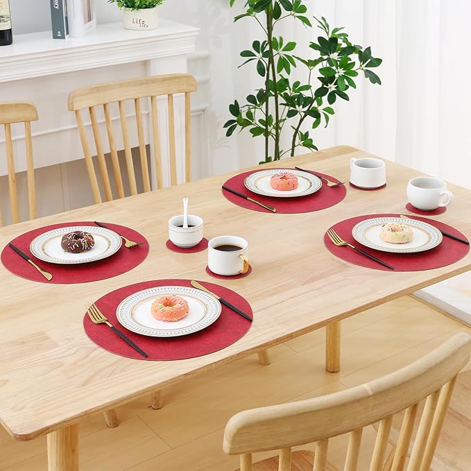 Homaxy Round Faux Leather Placemats and Coasters, Washable Dual-Side Table Mats, Wipeable Heat-Resistant Dining Place Mats for Outdoor and Indoor, Set of 8, Diameter 13 and 3.93 inch, Red